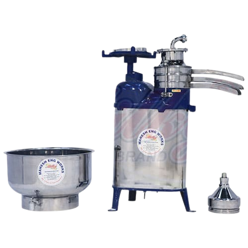 Blue and white Rakesh Cream Machine Separator featuring a bowl and a metal bucket for processing cream.
