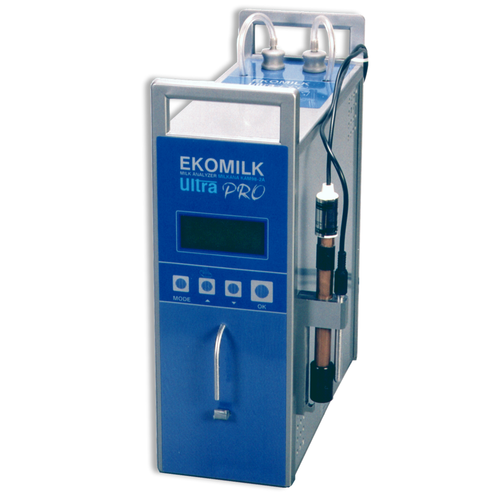 A blue and silver "ECOMILK Ultra PRO" milk analyzer, designed vertically with a digital display, control buttons for "MODE," "PRINT," and "CAL," and probes attached to its side.