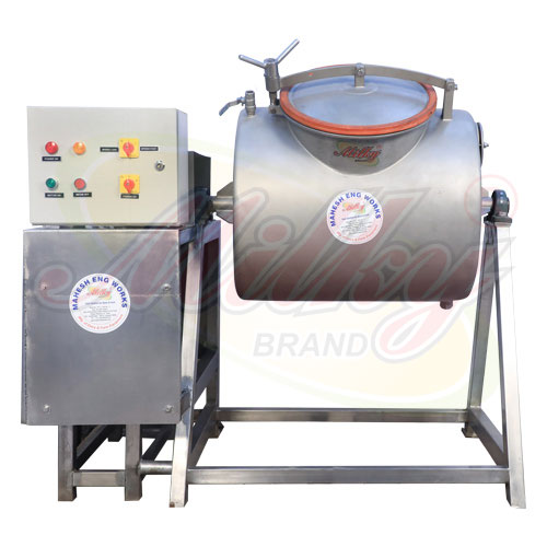 A commercial butter churner with a horizontal, cylindrical stainless steel drum. To the left is a control panel unit with various buttons and switches.