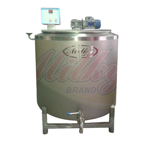 A vertical, cylindrical bulk milk chiller with a stainless steel tank, an attached cooling unit, and a motor on top.