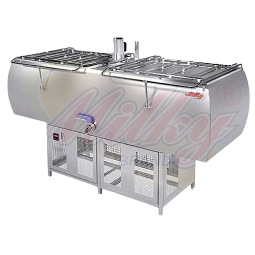 A "Milky" branded horizontal bulk milk chiller with two large stainless steel tanks, each with a lid, mounted on a sturdy metal frame. A blue tap is visible on the front.