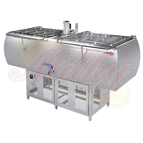 A "Milky" branded horizontal bulk milk chiller with two large stainless steel tanks, each with a lid, mounted on a sturdy metal frame. A blue tap is visible on the front.