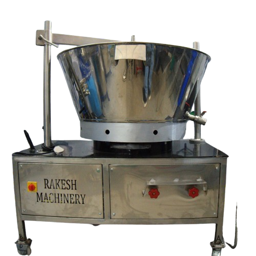 A Rakesh Machinery branded stainless steel tilting pan with a wide, conical cooking vessel mounted on a sturdy base with wheels.
