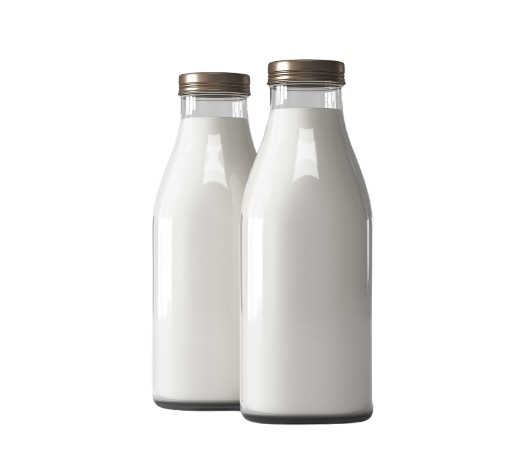 A clear, eye-level shot of two classic glass milk bottles, full of white milk.
