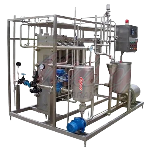 A complex stainless steel milk processing plant with numerous pipes, tanks, pumps, and a control panel, designed for industrial dairy operations like pasteurization or chilling.