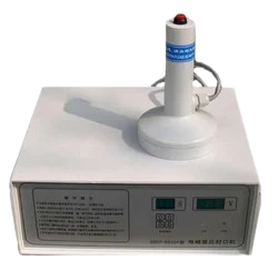 A compact, white induction sealing machine with a handheld sealing head on top. The base unit has a display and controls, suggesting its use for sealing bottle caps.