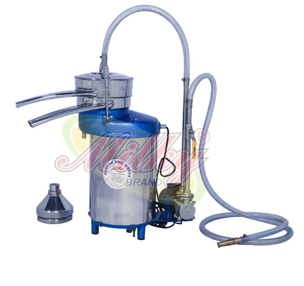 An automatic "Milky" brand cream separator machine with a silver and blue body, featuring a hose leading to a pump, and a separate conical metal part on the left.
