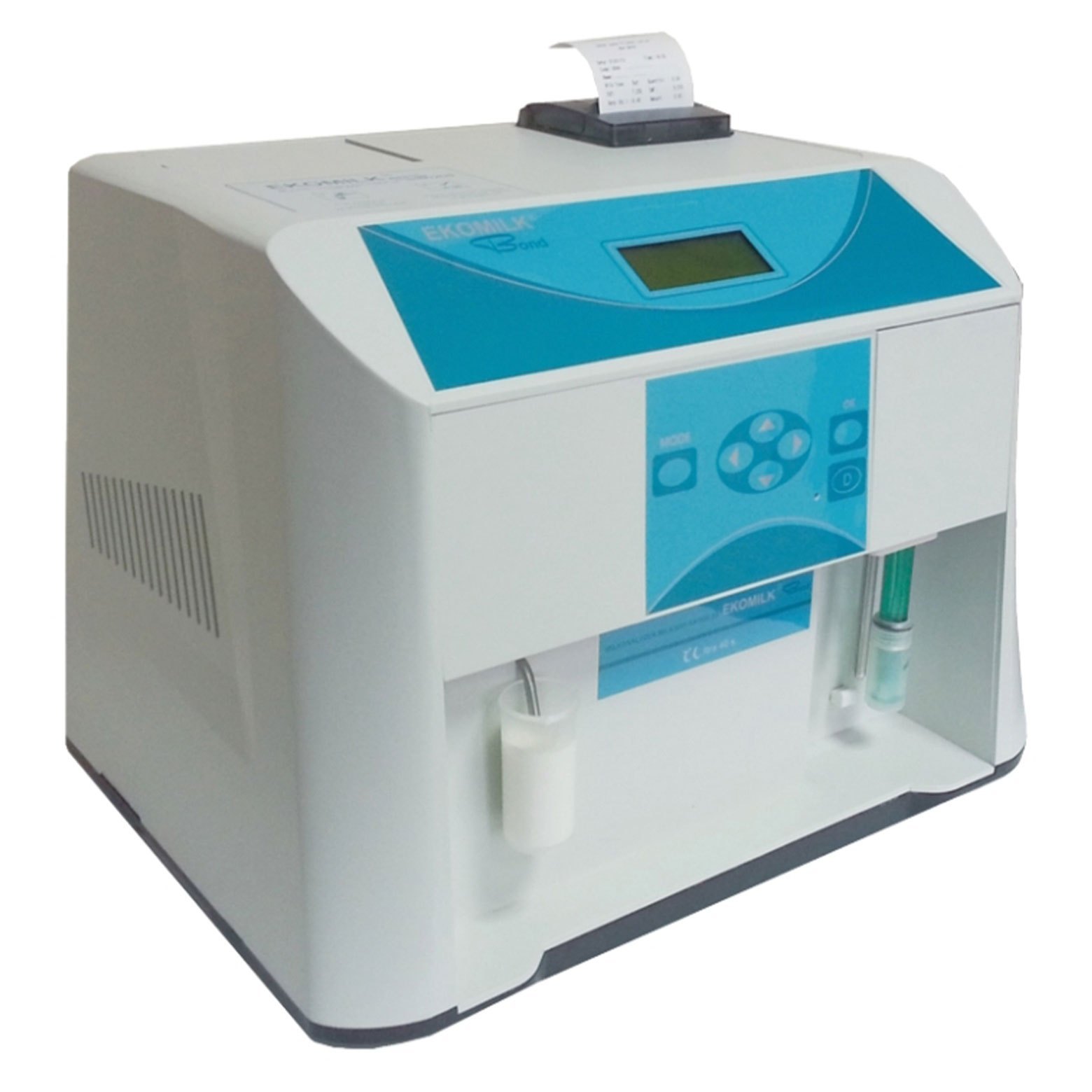 Milk analyzer with a digital display and control buttons. It features a built-in printer dispensing a paper strip, a sample intake, and reagent bottles, indicating its function for comprehensive milk analysis.