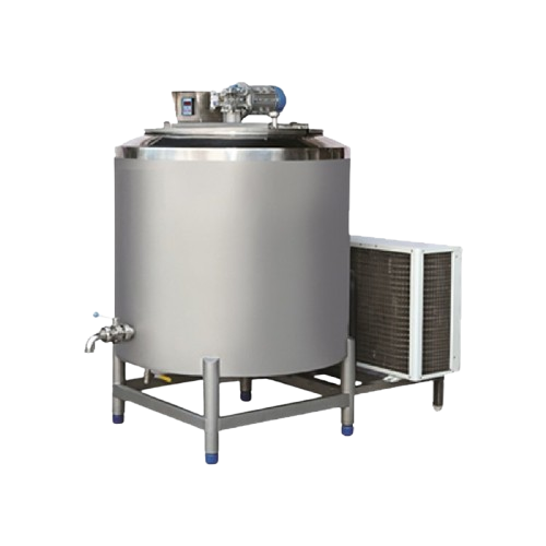 A vertical, cylindrical bulk milk chiller with a stainless steel tank, an attached cooling unit, and a motor on top.