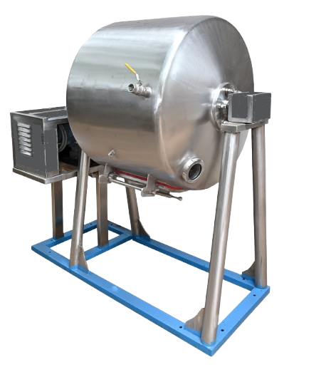 A large, horizontal stainless steel butter churner with a cylindrical drum, supported by a blue metal frame.