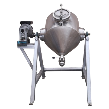 A large, horizontal stainless steel butter churner with a cylindrical drum, supported by a blue metal frame.