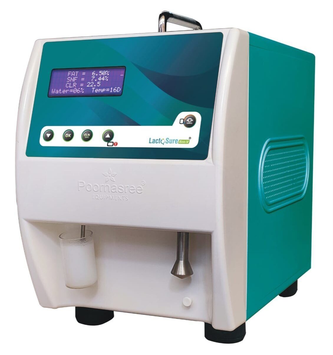 A modern "Eco V" milk analyzer with a white and teal casing, featuring a digital display, buttons, two dispensing spouts, and a top handle, designed for milk quality testing.
