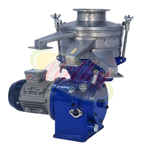 A compact ghee clarifier machine with a polished stainless steel top section, a prominent blue base housing a motor, and a discharge spout. It's designed for separating impurities from ghee.