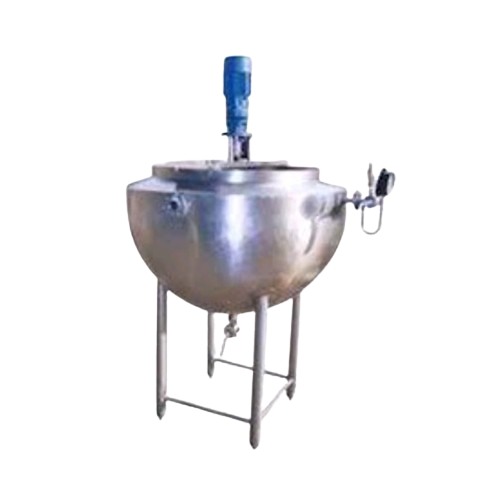 A gleaming stainless steel ghee kettle with a rounded bottom, supported by a sturdy four-legged stand.