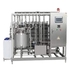A complex stainless steel milk processing plant with numerous pipes, tanks, pumps, and a control panel, designed for industrial dairy operations like pasteurization or chilling.