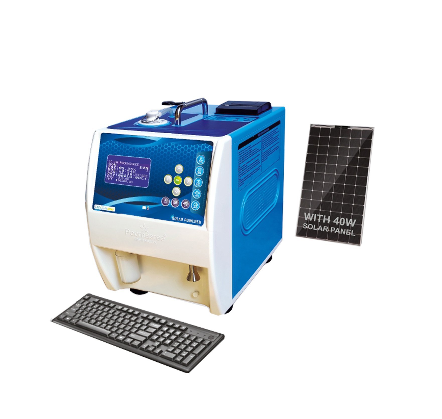 A "LactoSure Eco D" milk analyzer in blue and white, with a digital display and control buttons. It comes with a 40W solar panel and a separate keyboard, indicating a comprehensive, solar-powered milk testing solution.