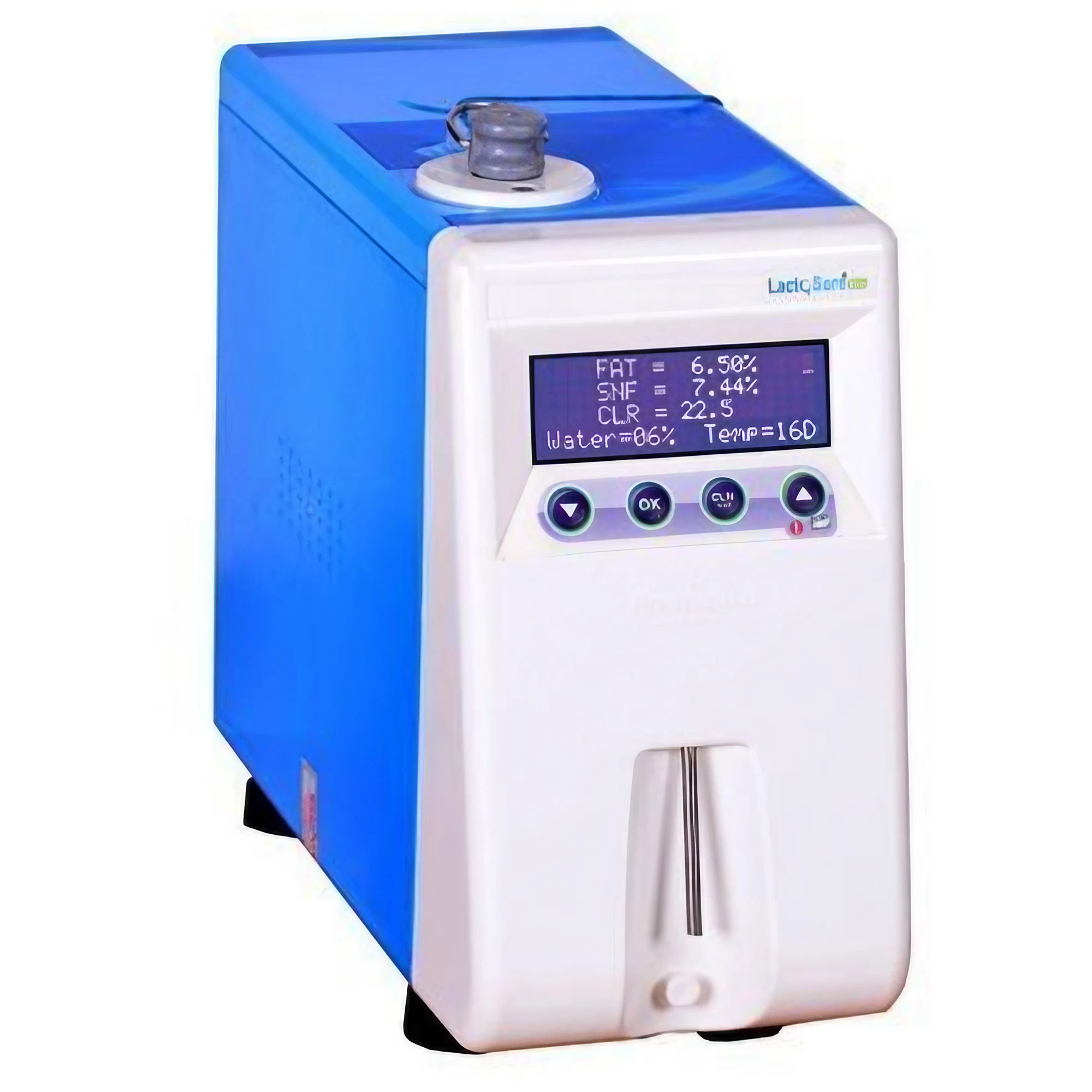 A compact "LactoSure Eco V3" milk analyzer with a blue and white casing. Its digital display shows milk parameters like "FAT," "SNF," "CLR," "Water," and "Temp," with control buttons below and a sample input slot at the bottom.