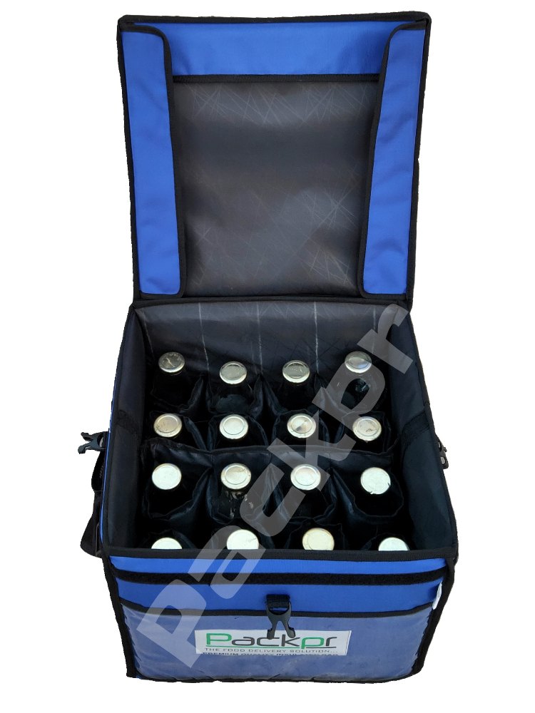 A "Packor" branded blue and gray insulated milk bottle delivery bag, open to reveal 16 bottles neatly stored in individual compartments.