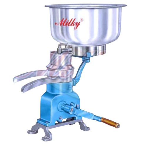 A vibrant blue and silver manual milk cream separator machine with a "Milky" brand logo on the top bowl. It features a hand crank with a wooden handle for operation.