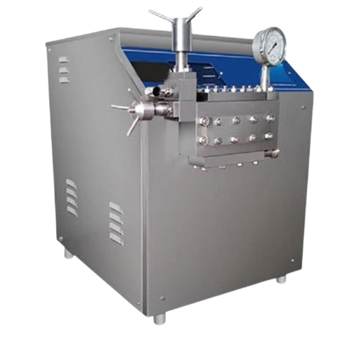 A robust industrial milk homogenizer, constructed from stainless steel, with a prominent manifold and pressure gauge on the left side, designed for high-pressure processing of liquids.