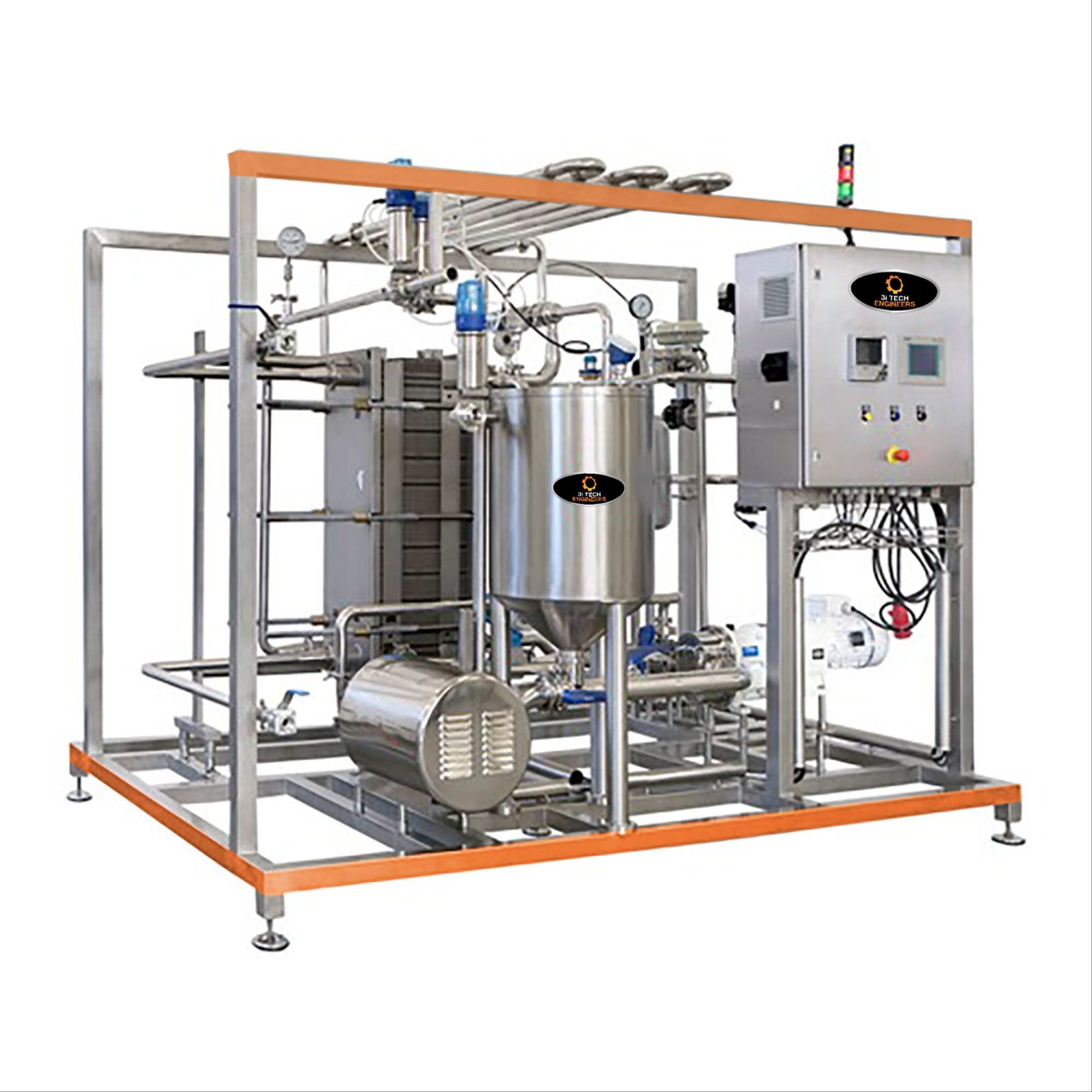 A complex stainless steel milk processing plant with numerous pipes, tanks, pumps, and a control panel, designed for industrial dairy operations like pasteurization or chilling.