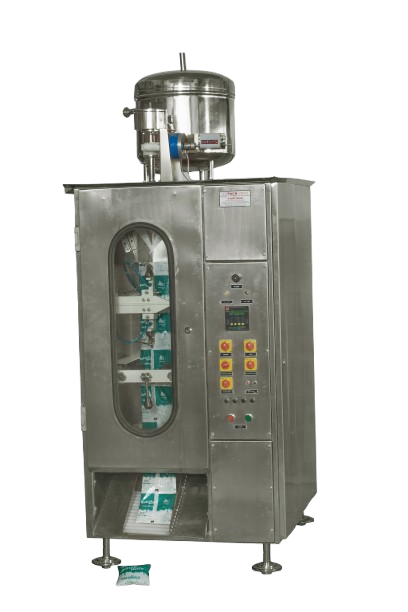 A sleek, stainless steel milk pouch packing machine with a clear viewing panel showcasing the pouch-filling process.
