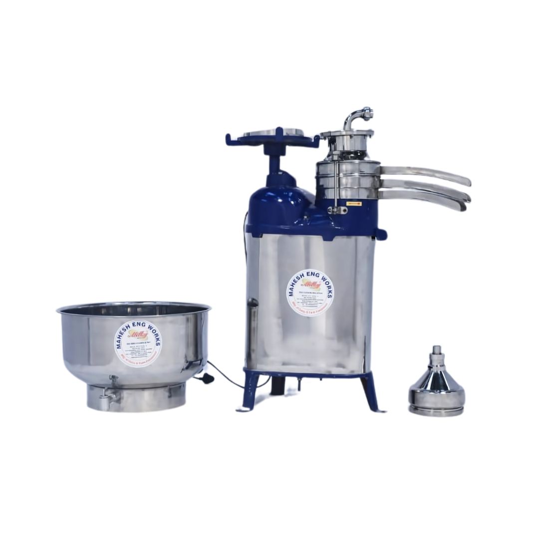 Blue and white Rakesh Cream Machine Separator featuring a bowl and a metal bucket for processing cream.