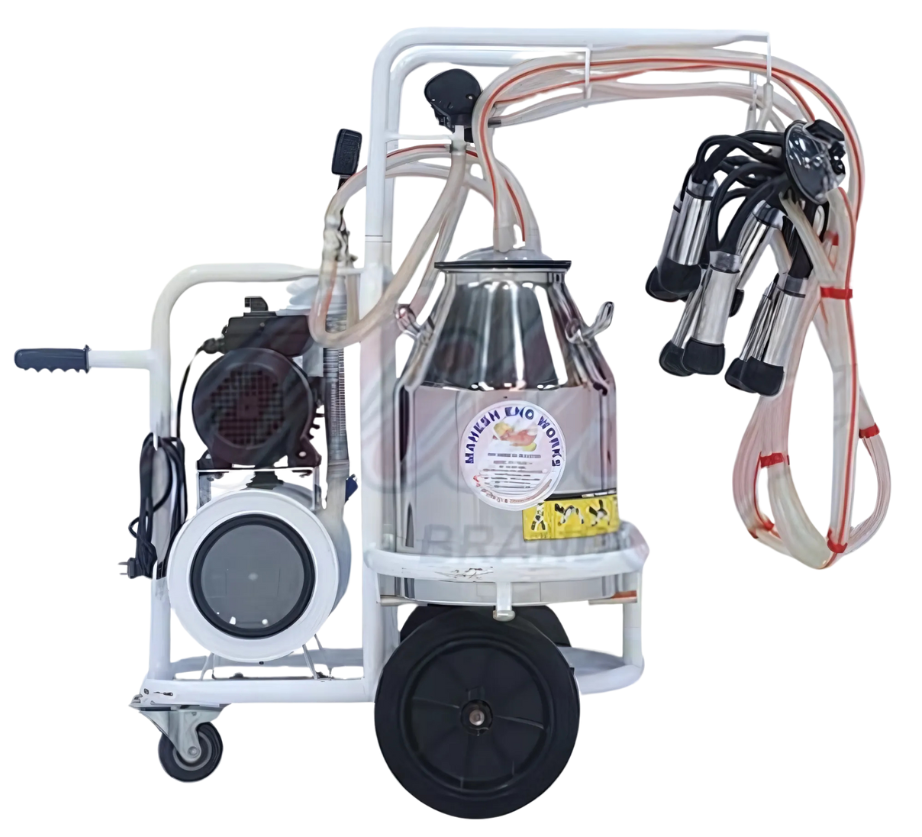 Milk cart featuring a milk pump and tank, labeled as Rakesh Cream Machine Separator, used for dairy processing.