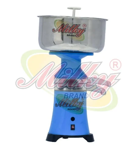 A vibrant blue and silver "Milky" brand cream separator with a polished stainless steel bowl on top. The base is blue and features a small black switch.