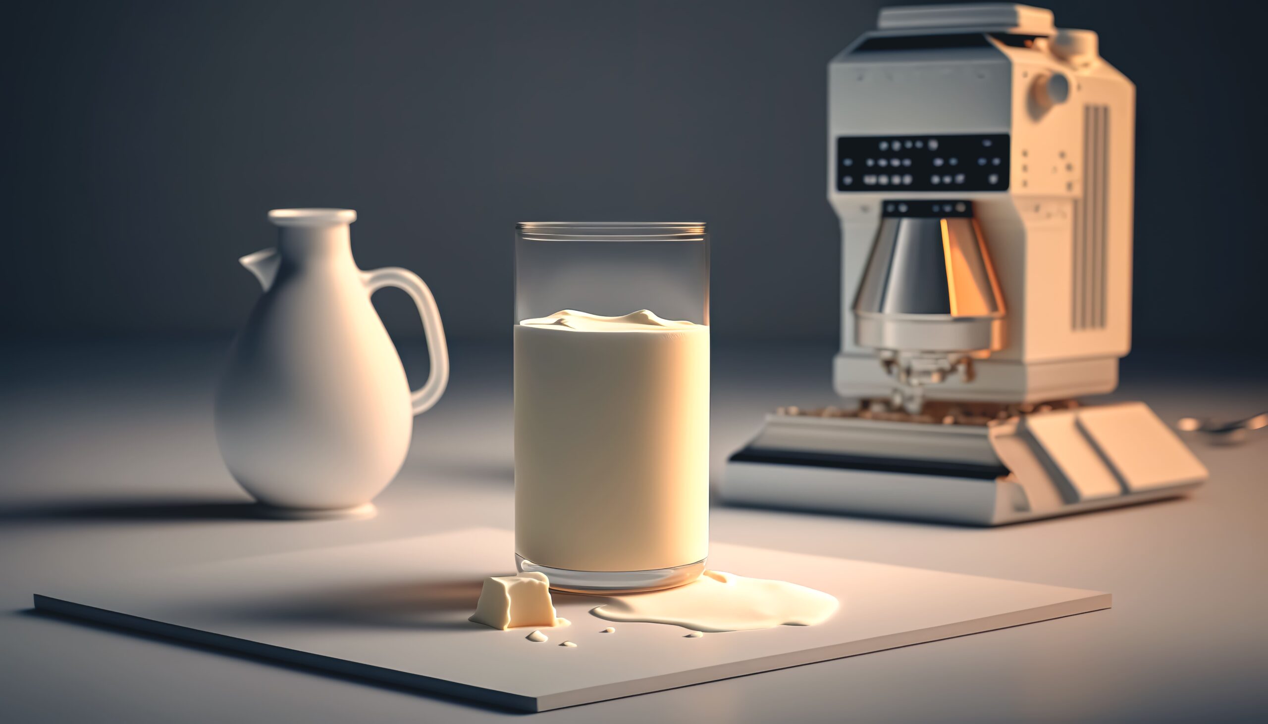 A modern still life features a glass of milk with a spilled drop and a small piece of butter, alongside a white jug and a sleek, light-colored milk machine in the background.